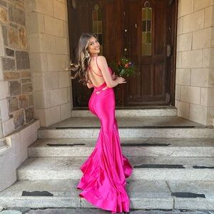Mon Cheri Vibrant Pink Backless Dress